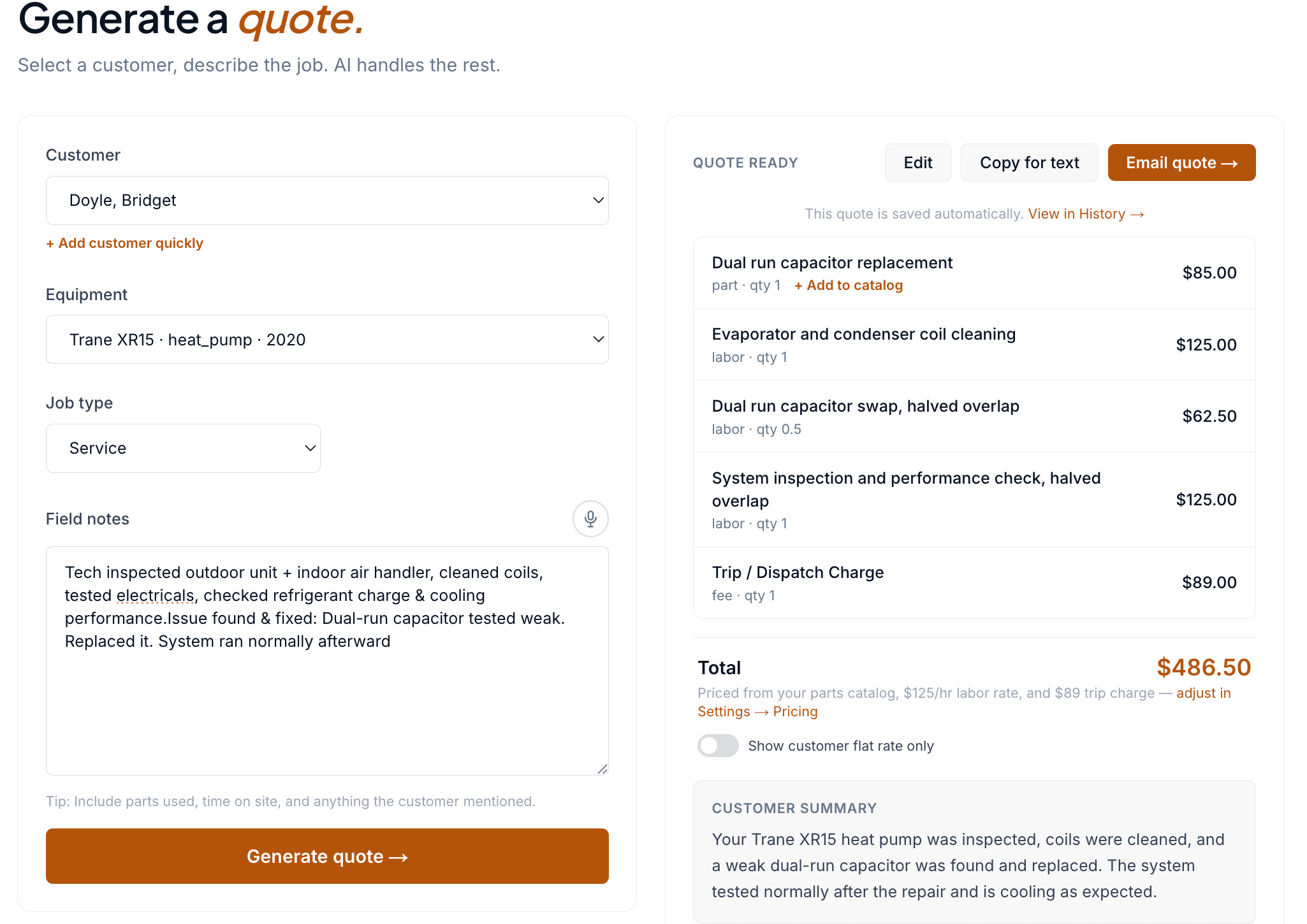 Setpoint quote generator with field notes, priced line items, total, and customer summary